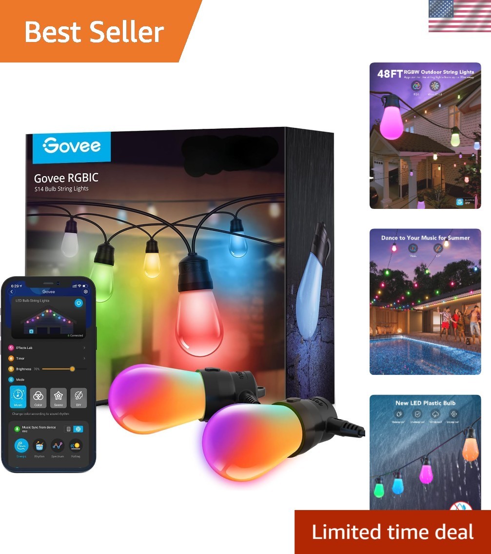 48ft Waterproof RGBIC LED String Lights with 15 Dimmable Bulbs for Patio