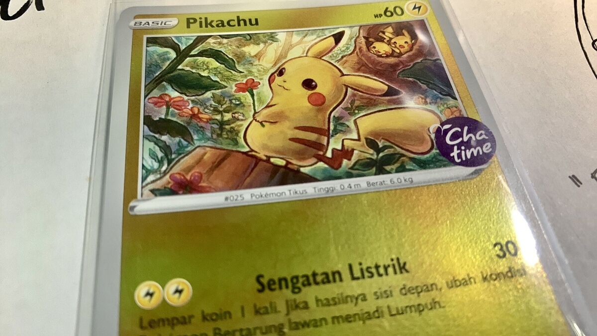 Indonesian Pokemon TCG Pikachu CHATIME promo stamp card NM Indonesian Pokemon TCG Pikachu CHATIME promo stamp card NM