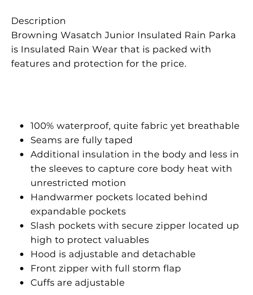 NEW Browning Wasatch Junior Insulated Rain Parka Jacket REALTREE XTRA MD MSP $99 - Image 2 of 4