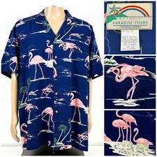 Vintage Paradise Found Mens Blue Sz 2XL Hawaiian Shirt Pink Flamingos Palm Trees