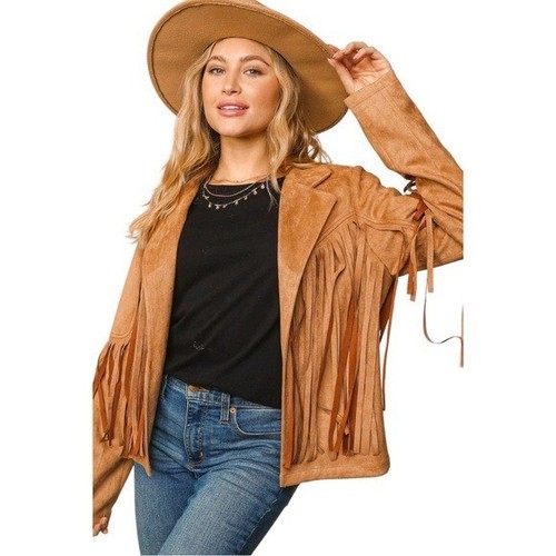Faux Suede Jacket Women Large Western Fringe Boho Open Tan Coastal Cowgirl - Bild 2 von 20