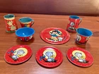 Vintage Ohio Art Children's Tin Tea Set She Love's Me Kittens Bunny Birthday