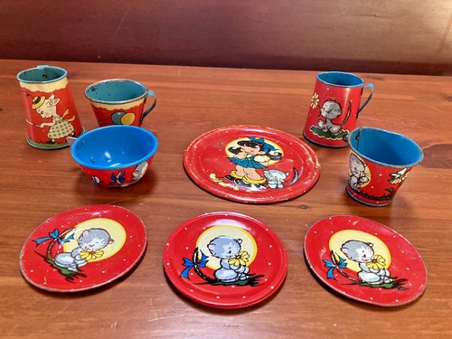 Vintage Ohio Art Children's Tin Tea Set She Love's Me Kittens Bunny Birthday