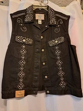 Vintage L Gitano Denim Vest Womens Jean Jacket 100% Cotton Button Up Studs/Jewel
