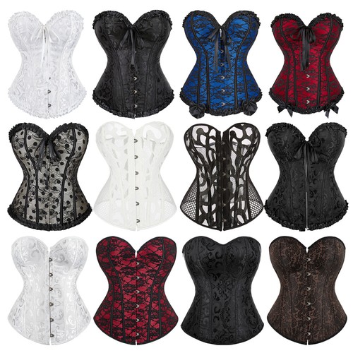 Women Lace Up Boned Bustier Corset Overbust Burlesque Top Lingerie Waist Cincher - Picture 1 of 29