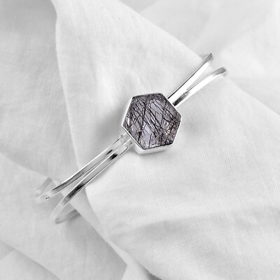 Black Rutile Gemstone 925 Sterling Silver Adjustable Handmade Cuff Bangles B#038