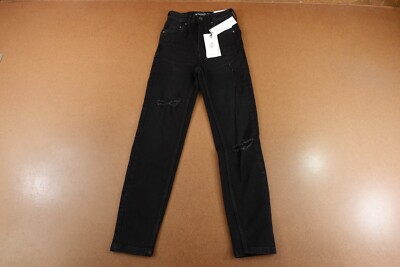 Stradivarius Women's Size 00 Black Ripped Denim High Rise Mom Slim Fit Jeans NWT