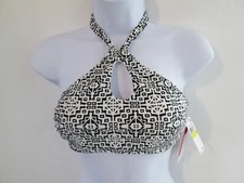 Hula Honey Black White Mini Tribal Pulse Printed High Neck Bikini Top NWT Sz M