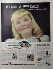 1945 Vicks Vapo Rub Medicated Cough Drops Inhaler Mom Sure Smart VTG Print Ad