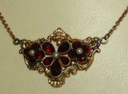 Collier - Kette Granat und Saatperlen Biedermeier 19. Jh. Schaumgold vergoldet - Bild 5 von 13