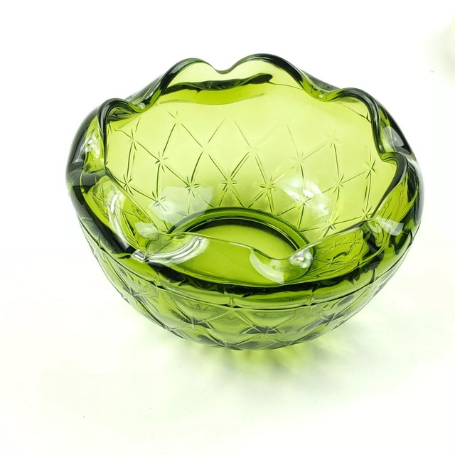 Indiana Glass Avocado Green Diamond Pattern Rose Bowl Vintage Ruffled