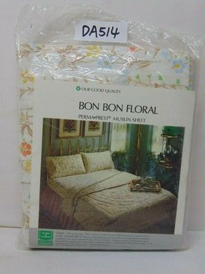 VTG NOS UNOPENED SEARS TWIN FLAT SHEET MUSLIN BON BON FLORAL 66'' X 96'' 