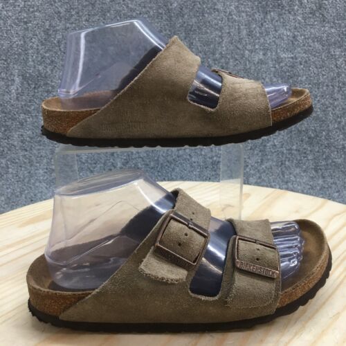 Birkenstock Sandals Womens 39 Arizona Slides Brown Leather Buckle Slip On Flats