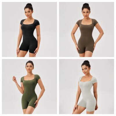 Women Tight Stretch Sports Jumpsuit Short Sleeve Running Yoga Fitness Jumpsuit