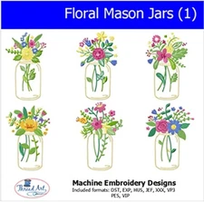 Embroidery Design Set - Floral Mason Jars - 6  designs - 9 Formats - USB Stick