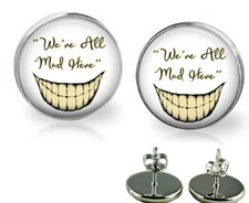 Alice In Wonderland We're All Mad Here Glass Top Stud Earrings Handcrafted 20mm