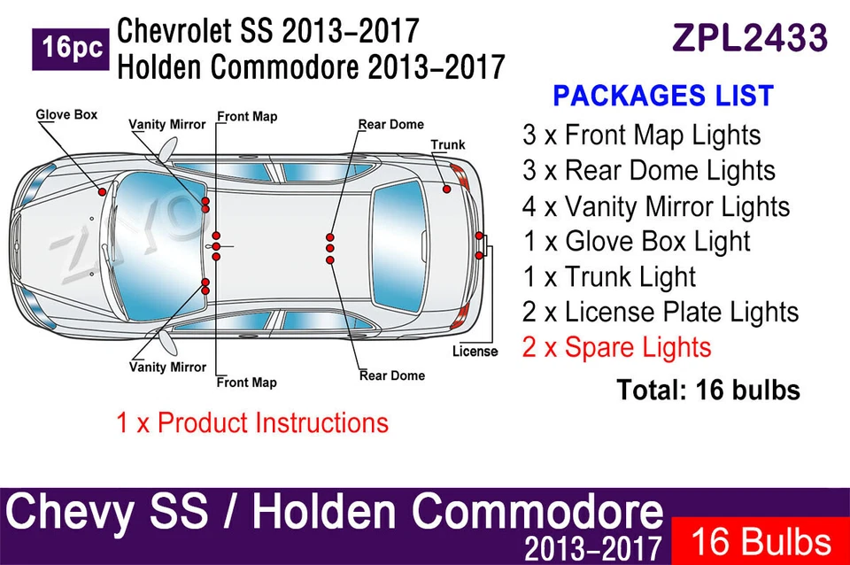 16pc LED Interior Light Upgrade for Chevy SS 2013-2017 White LED Light Bulbs Kit — 第 2/4 张图片