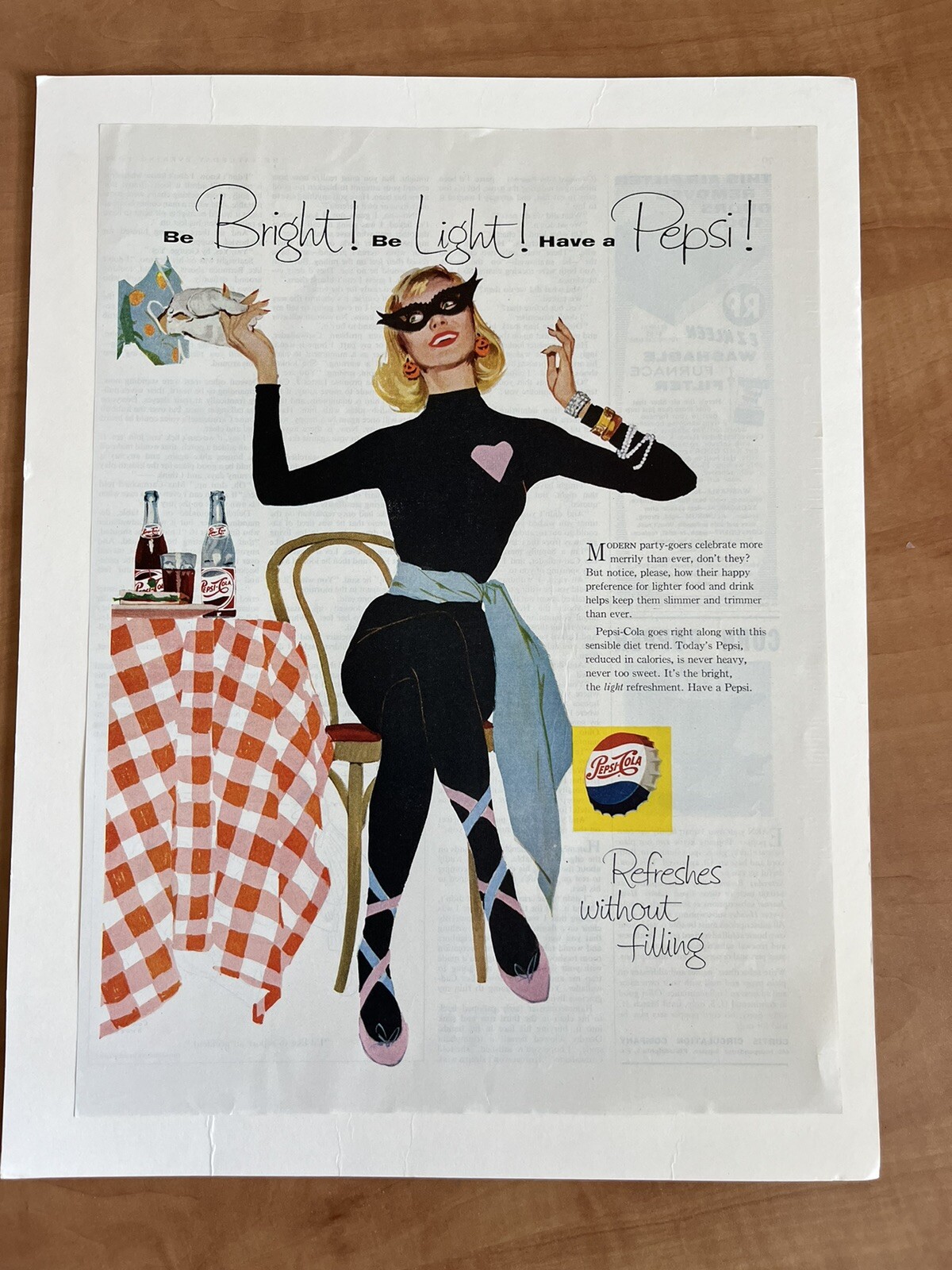 1958 Pepsi-Cola Vintage Print Ad Be Light Be Bright Halloween Party Bottles