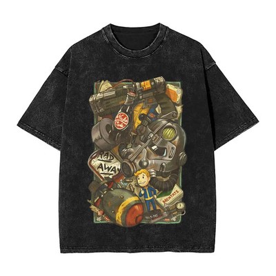 Fallout Vault Tec T Shirt Washed Black Graphic Tee Cotton Game Shirt M-XXXL