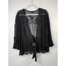 Vintage Lg Black Beaded Sequin Sheer Chiffon Evening Wrap Tie Front Bolero Lux