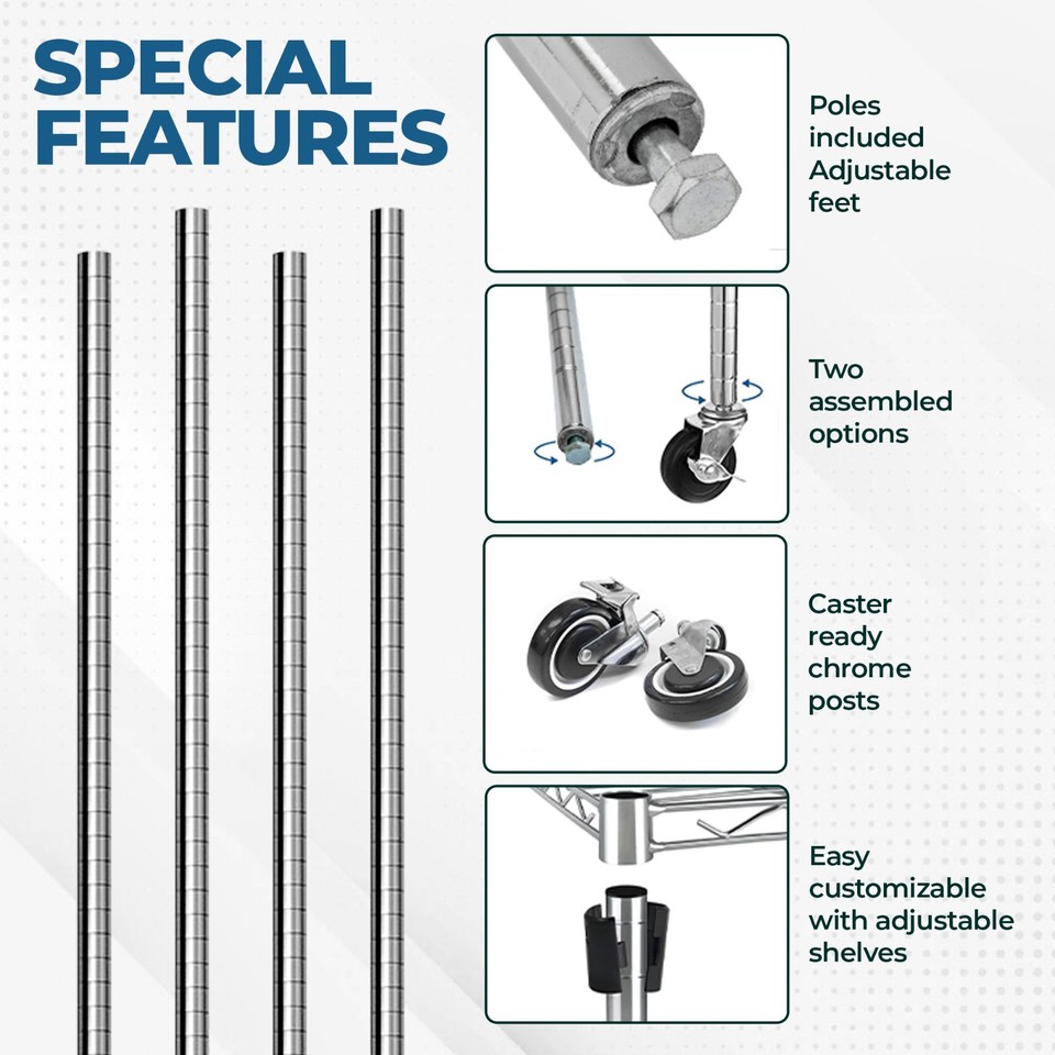 Wire Shelf Posts Commercial Chrome Wire Shelving Posts - Set of 4 Poles - NSF | eBay