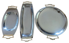 Kromex Serving Tray Set, Brass Handles, 3 Pieces, Water Spots, Surface Scratches