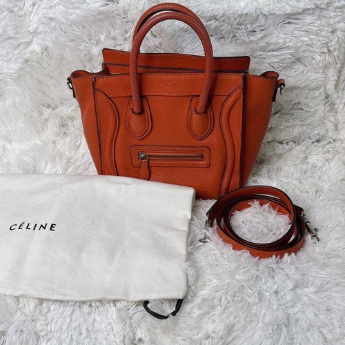 Authentic Celine Luggage Nano Shopper Handbag Tote 2WAY Leather Women red