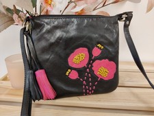 DEBENHAMS BLACK PINK HANDBAG FLOWERS SMALL LEATHER CROSSBODY SHOULDER BAG PURSE