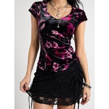 Whimsigoth Velvet Top Dark Floral XS Fairy Grunge Witchy Y2K Romantic Stretch