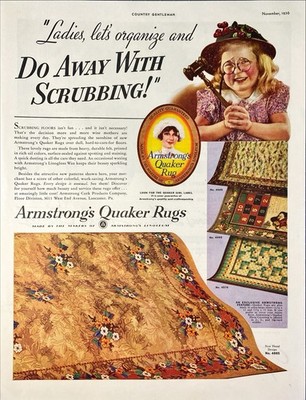 Armstrong Quaker Rugs ''Lets Organize & Do Away with Scrubbing!''Vtg Print Ad 1936