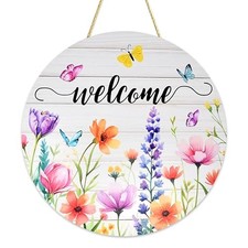 - Welcome Spring Door Sign Round Wooden Hanging Plaque with Tulip and
