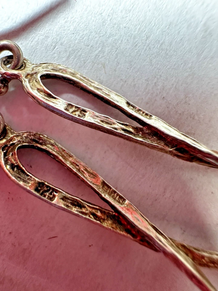 Silver Earrings Israel Green Stone Dangle Pierced Textured 925 - Image 4 of 4