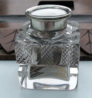 Antique Hand Carved Wooden Ink Stand With Silver Topped Cut Glass Ink Bottle