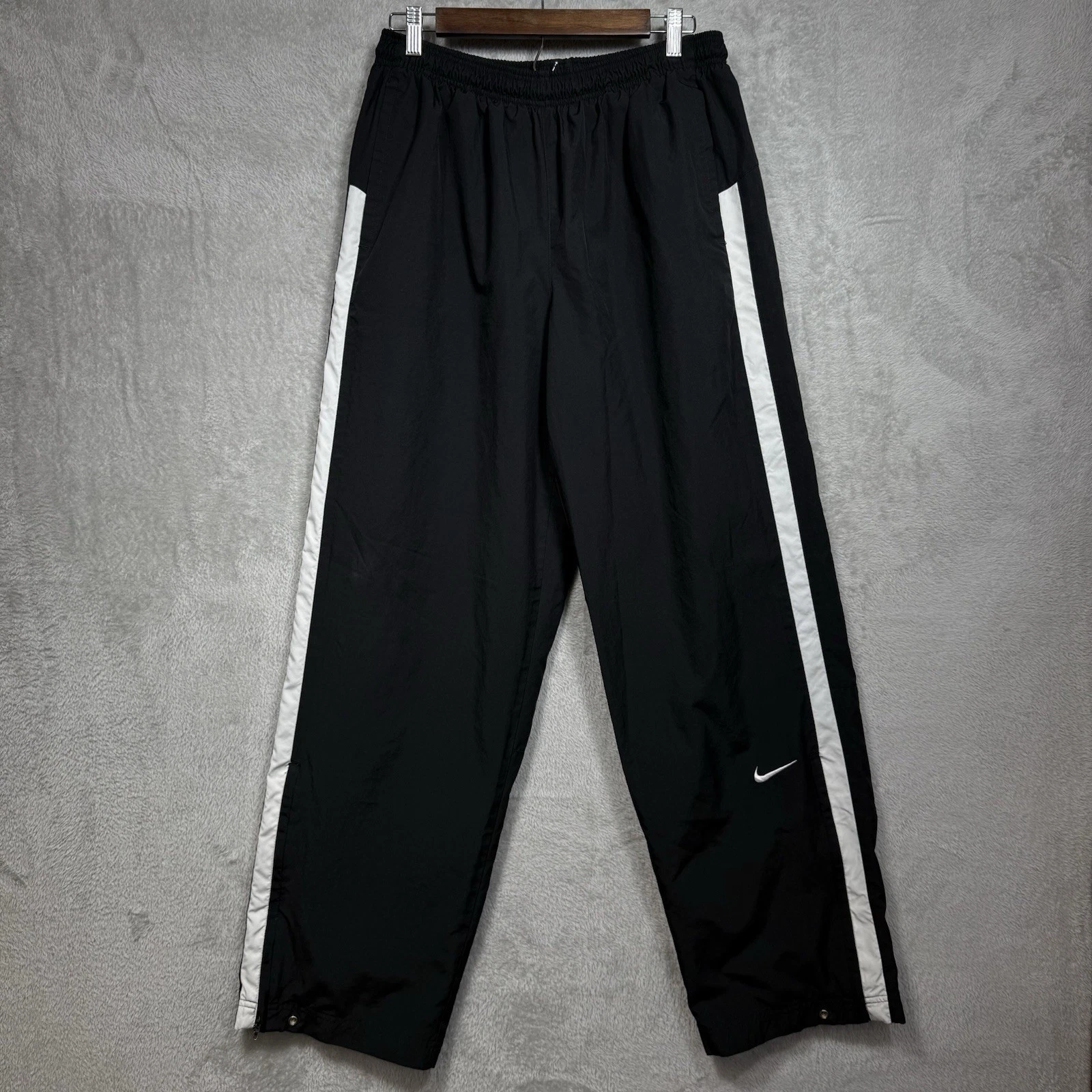 NIKE Vintage Y2K Track Pants Mens Large Black White Stripe Mesh Lined