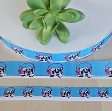5/8  7/8" 1 YD French Bulldog Grosgrain Ribbon Cool Bulldog w/Pink Headphones