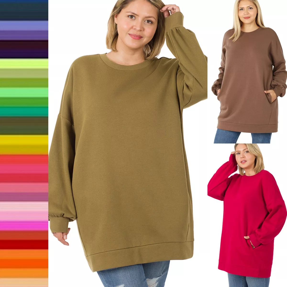 1X 2X 3X Women Round or V Neck Oversized Long Sweatshirt Warm Fleece w/  Pockets