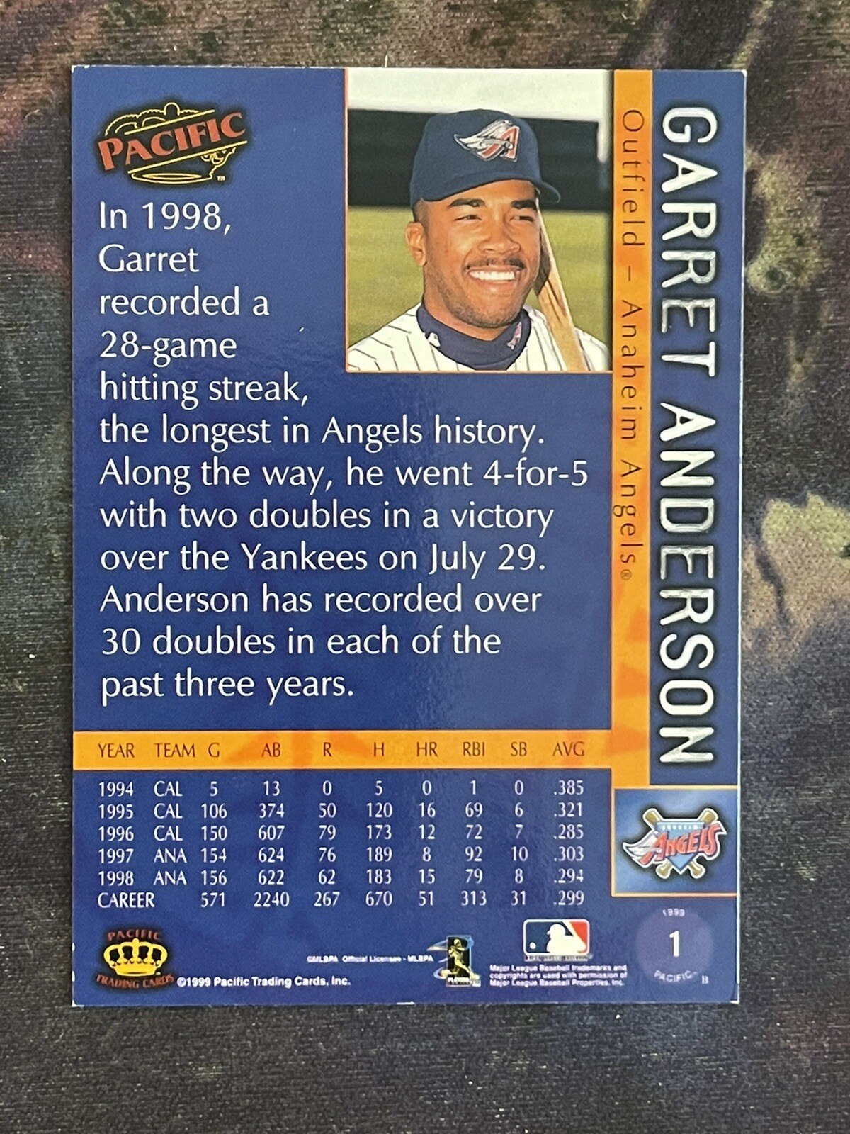 PACIFIC 1999 GARRET ANDERSON MLB ANAHEIM ANGELS OUTFIELD 1 BASEBALL