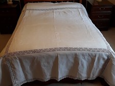Antique Linen & Lace Embroidered Bedspread 96"x 84" Excellent Original Condition