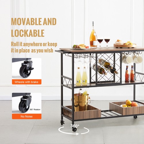 VEVOR 3-Tier Bar Serving Cart Rolling Trolley with Wine Grid Glass Holder 300LBS - Picture 4 of 12
