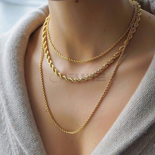 Women Men Gold Silver Twisted Rope Hip Hop Stainless Steel Long Chain Necklace - Picture 15 of 36
