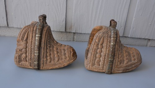 Antique 19th c. Chilean Huaso Horse Estribos Stirrups - Carved Wood Silver Inlay - Picture 2 of 12