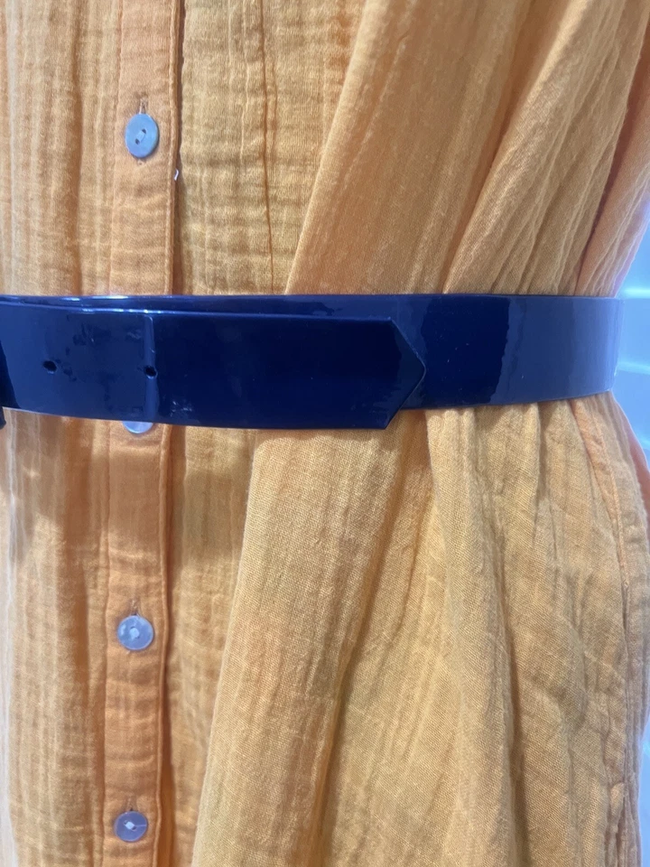 Винтажный женский пояс 80-х синий искусственная лакированная кожа прямоугольная пряжка с покрытием - Изображение 2 из 4