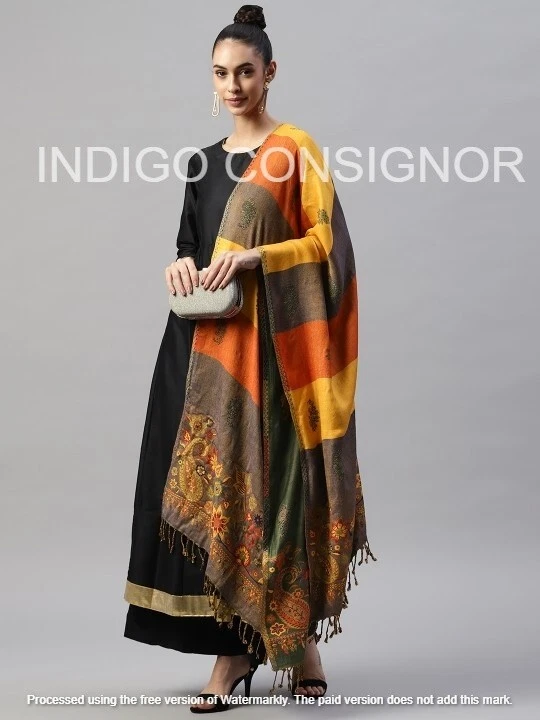 Paisley Wool Jamavar Shawl. Sea Green. India Stole. Wrap Pashmina Scarf 30X80" - Image 3 of 4