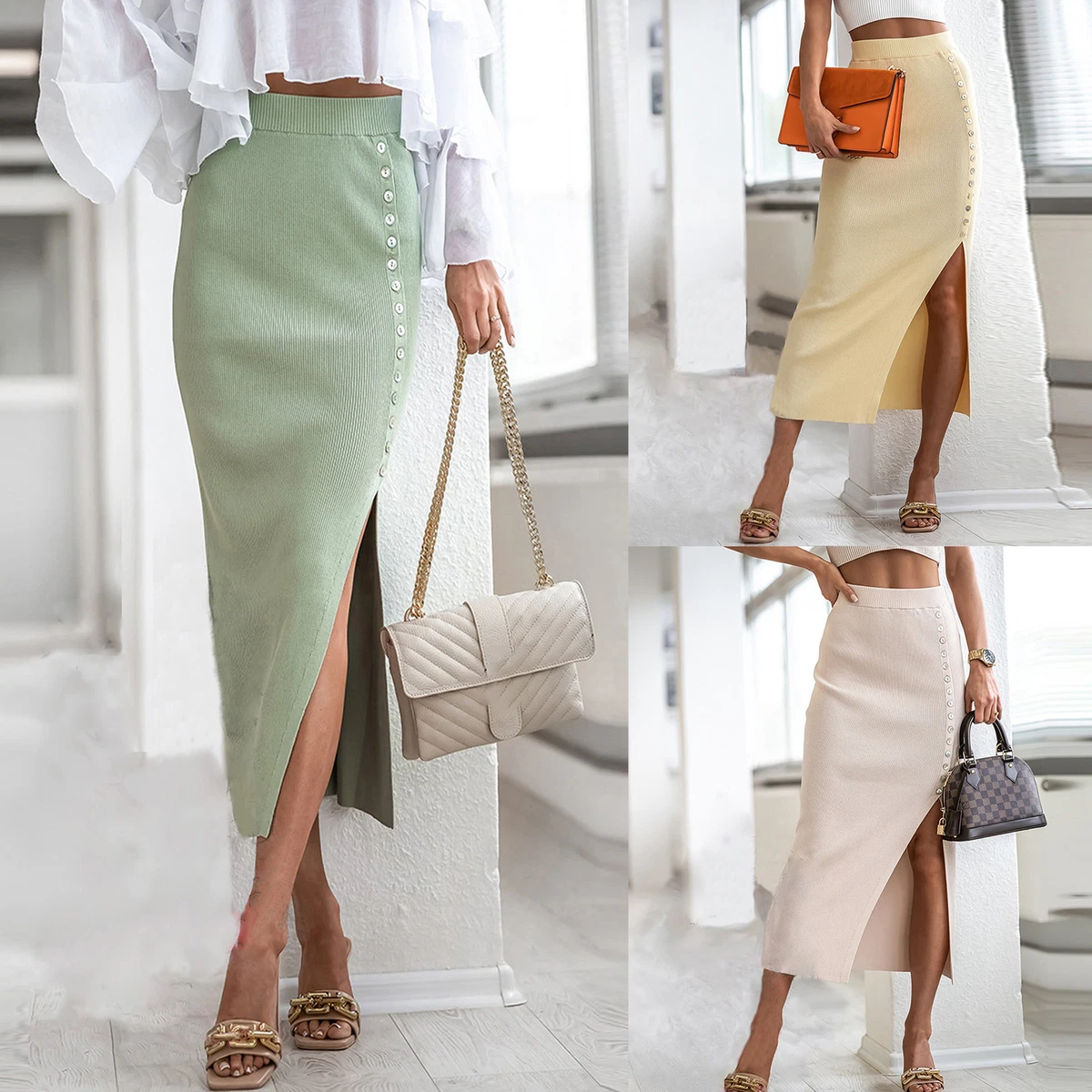 Ladies Slim Fit Bodycon Skirt Button Pencil Midi Skirt