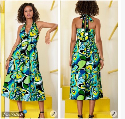 Boston Proper Valencia Abstract Print Halter Fit and Flare Midi Dress size 8 NWT