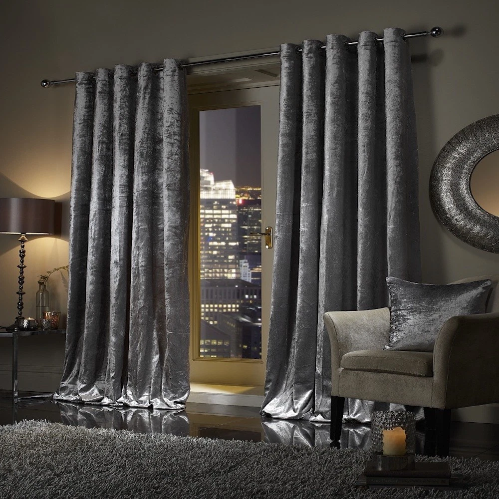 PAIR Crushed Velvet Curtains Fully Lined Ready Made Thick Eyelet PENCIL PLEAT UK