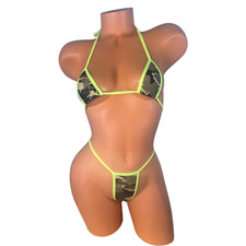 Micro bikini set exotic dancewear Olive camo neon yellow trim 2 piece
