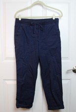 Talbots Ribbed Waist Roll Tab Cuff Lightweight Cropped Pants Navy Blue Size 10