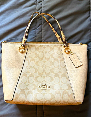Coach Signature Logo Satchel Top Handle Bag Beige Zip Detachable Strap Charm