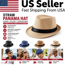 Unisex Straw Panama Hat Summer Beach Sun Short Brim Fedora Trilby Cuban Cap US